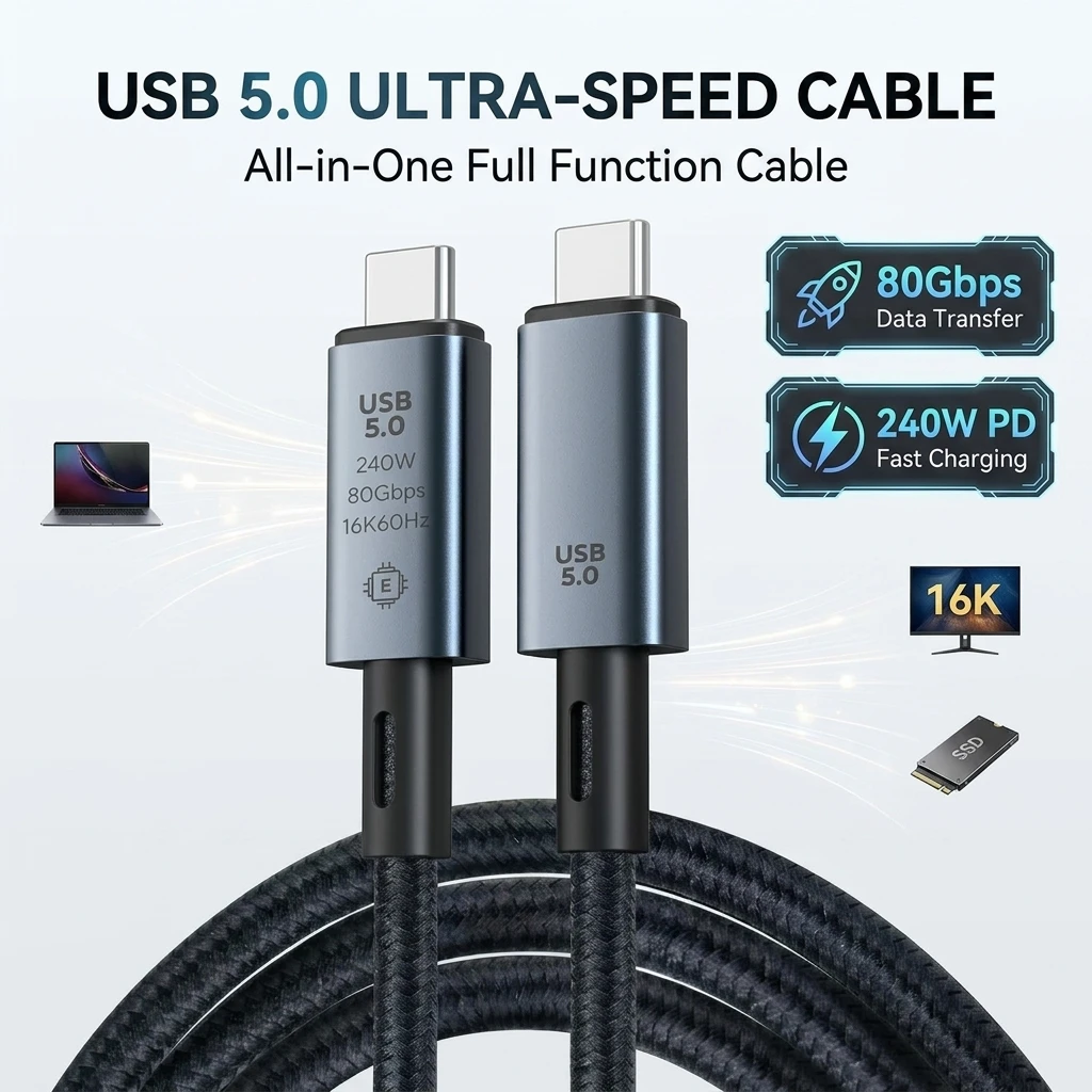 USB 5.0 Type-C to Type-C Cable 16K Video Output 80Gbps Data Transfer PD 240W Fast Charging Full Function Dual Head for iphone