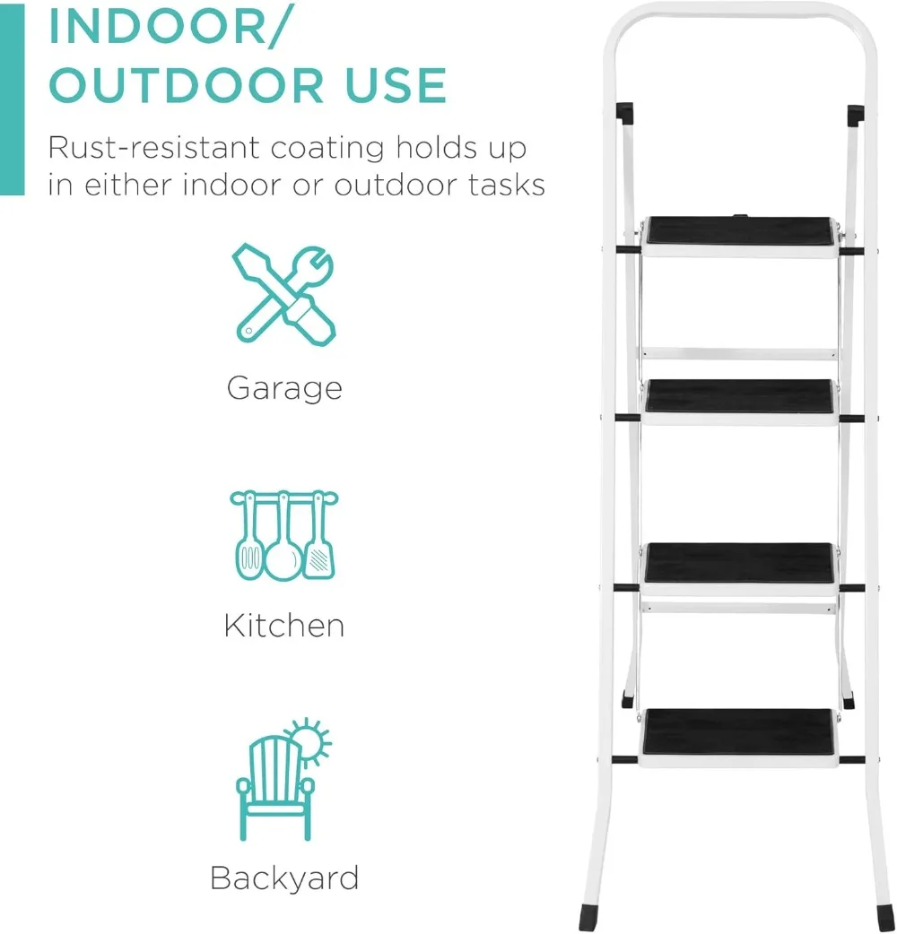 4-Step Portable Folding Heavy-Duty Steel Ladder w/Hand Rail, Wide Platform Steps, 330lbs Capacity