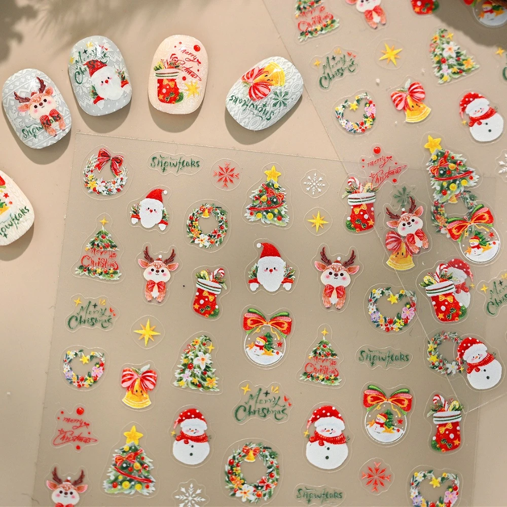 

Watercolor Cartoon Snowman Santa Claus Bowknot Snow Ball Elk Star Christmas Tree 3D Pearl Nail Art Stickers Xmas Manicure Decals