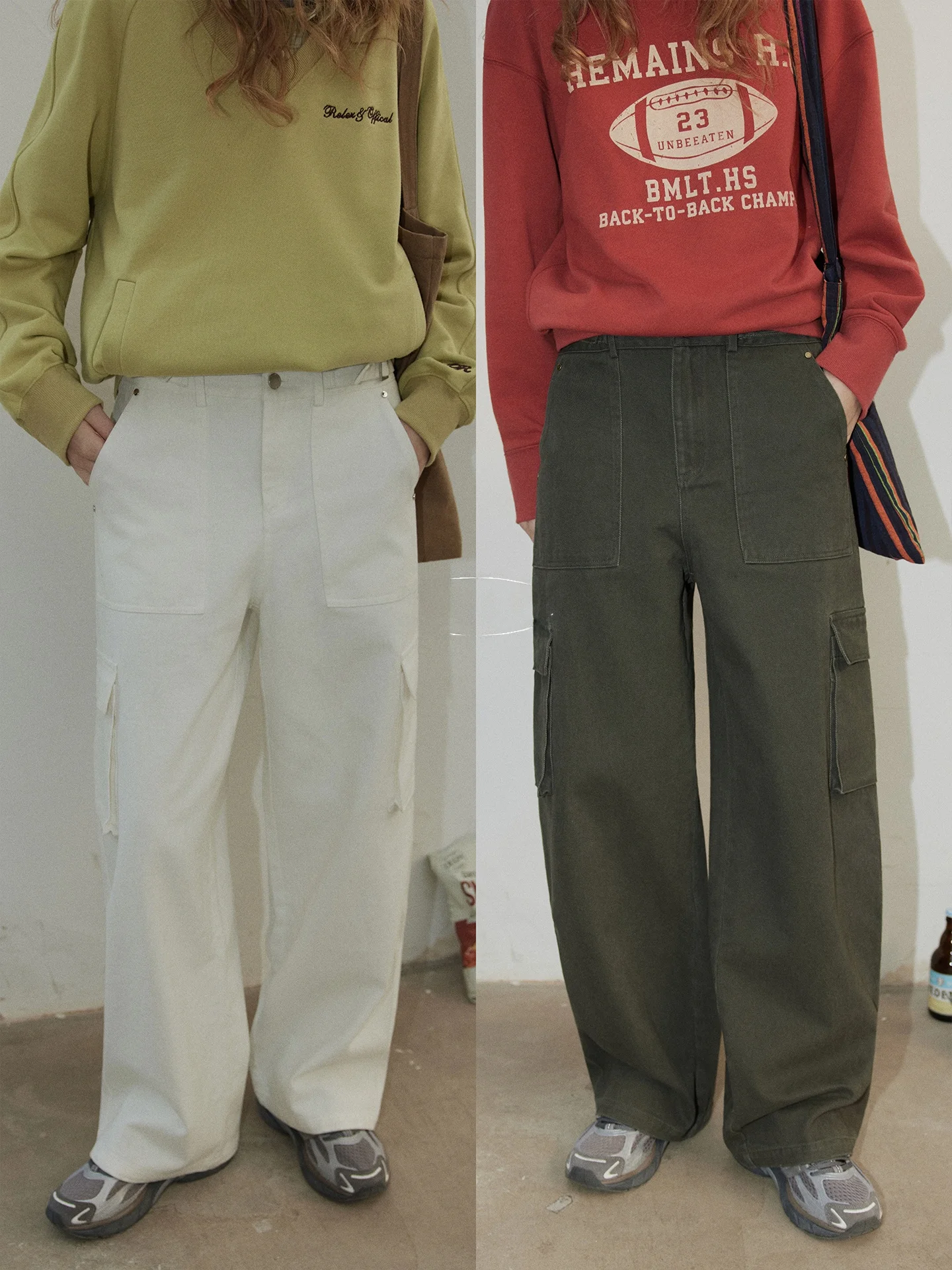 BMLT Women's Straight Leg Cotton Work Pants Adjustable Waist Simple Design Casual Trousers High Waist Zipper Korean Style