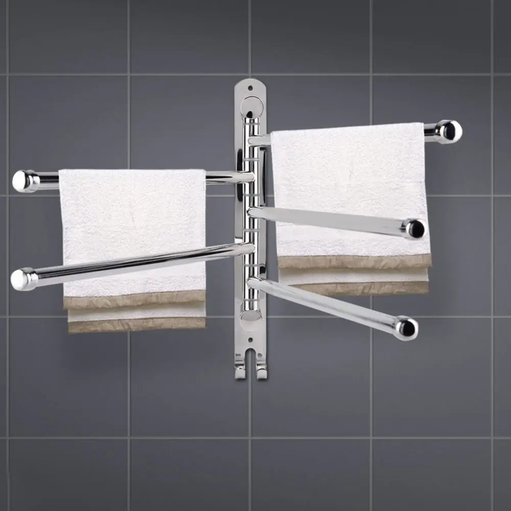 Stainless Steel Rotary Towel Rack Silver Wall Mounted Towel Rack Double Hook Adjustable Swing Arms Swivel Towel Bar