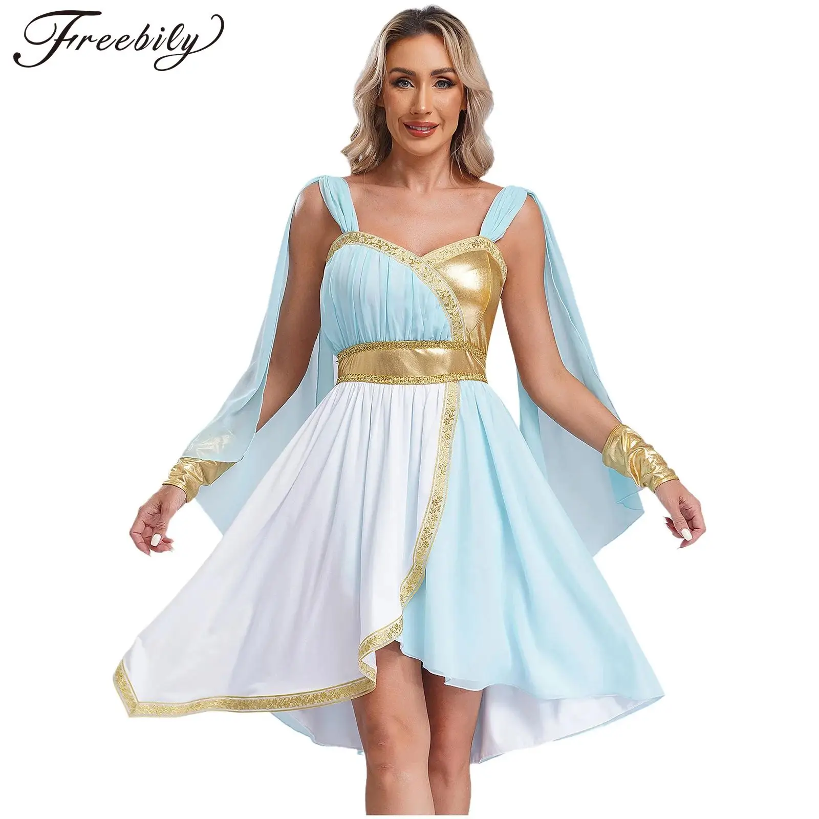 Women Halloween Ancient Greek Roman Goddesses Queen Princess Cosplay Costume Sleeveless Cape Dress Church Choir Worship Toga