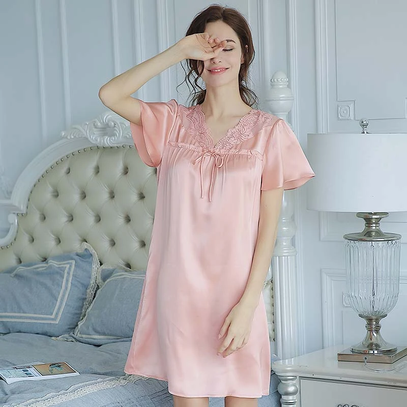 100% Silk Short Nightdress Loose V Neck Lace Nightgown Short-sleeved Mini Women's Dresses Sleepwear Lingerie Soft Sleep Dress