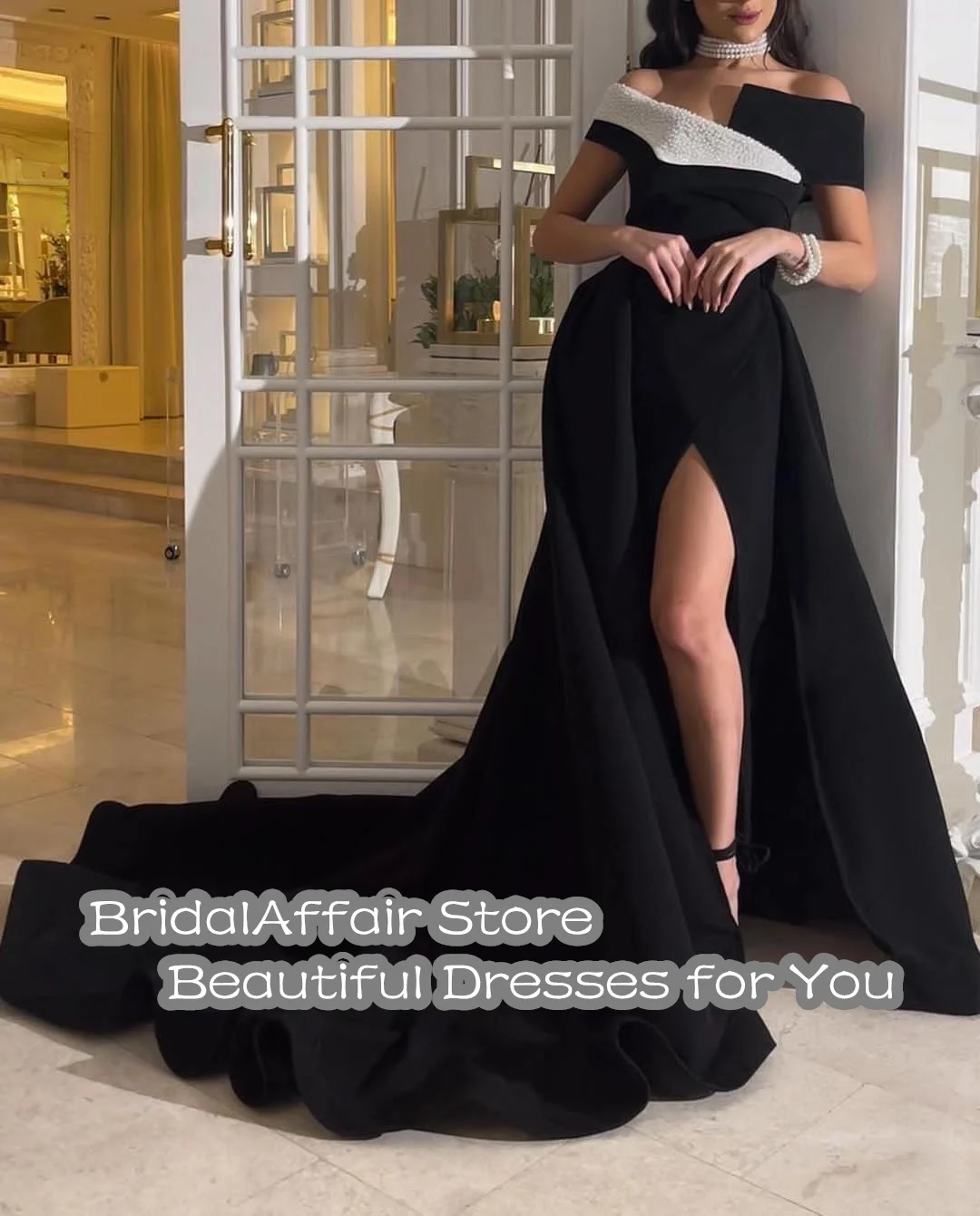 Bridalaffe il più nuovo treno lungo dell\'arabia saudita in bianco e nero con spalle scoperte abito da ballo a sirena elegante abito da sera per