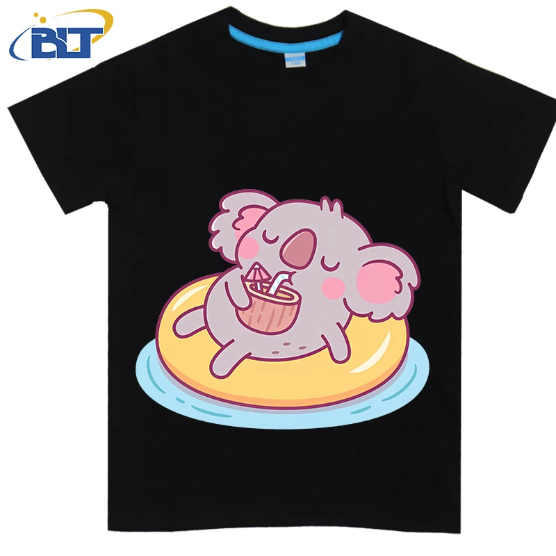 

Cute Koala Chilling On Pool Float Printed Kids T-shirt Summer Cotton Short Sleeve Casual Tops Suitable for Boys and Girls