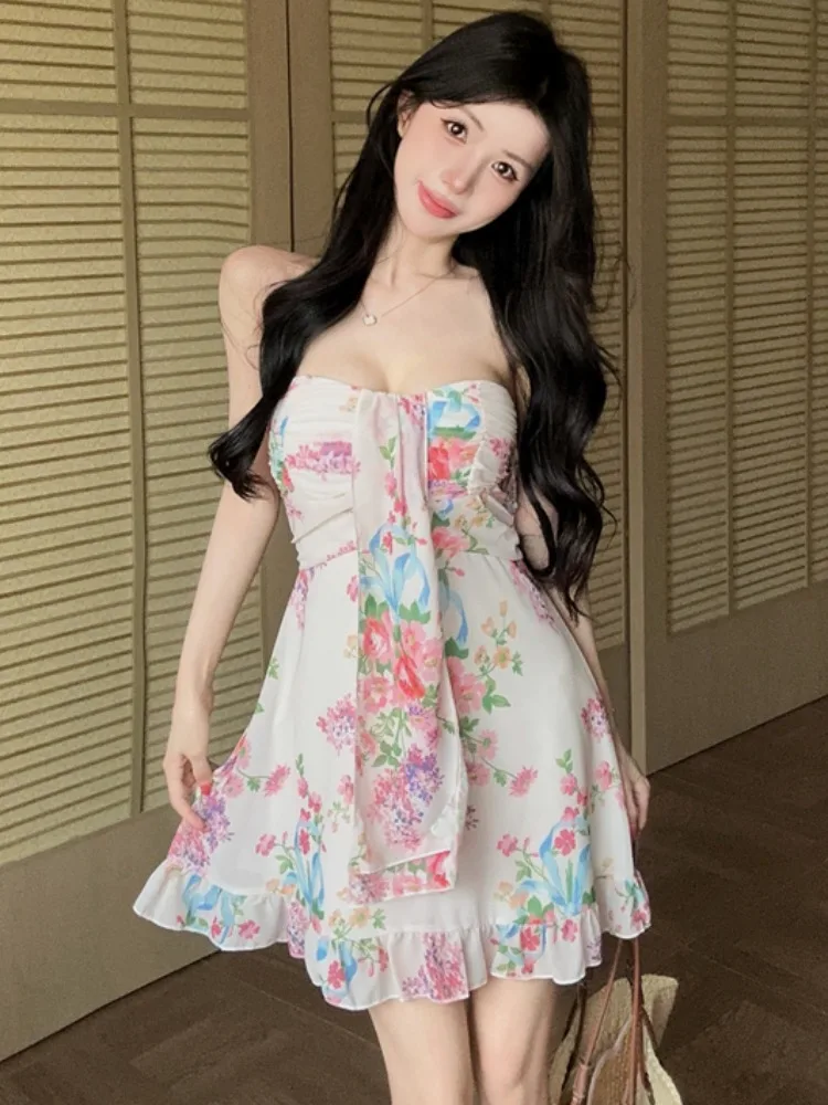 

Summer New Floral Halter Neck Dress Women's Sexy Backless A-Line Skirt Commute Korean Style Slim Fit Short Skirt