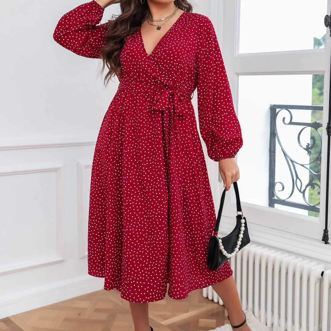 Grote Swing Rode Katoen Polka Dot lange mouwen oversized jurk