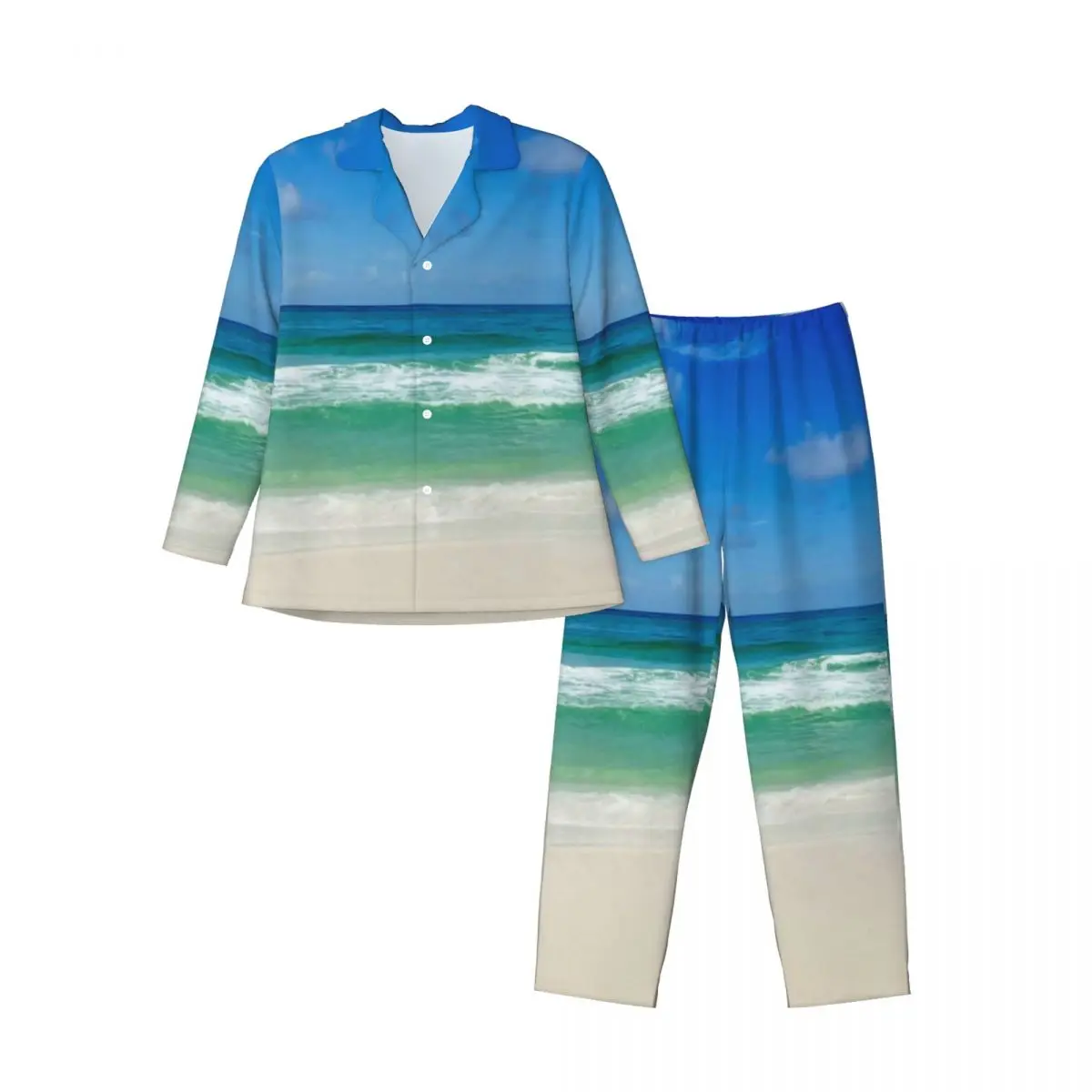 Pajamas Men Beach Photography Sleep Sleepwear Blue Skies With Waves 2 Pieces Casual Pajama Sets Long-Sleeve Oversized Home Suit