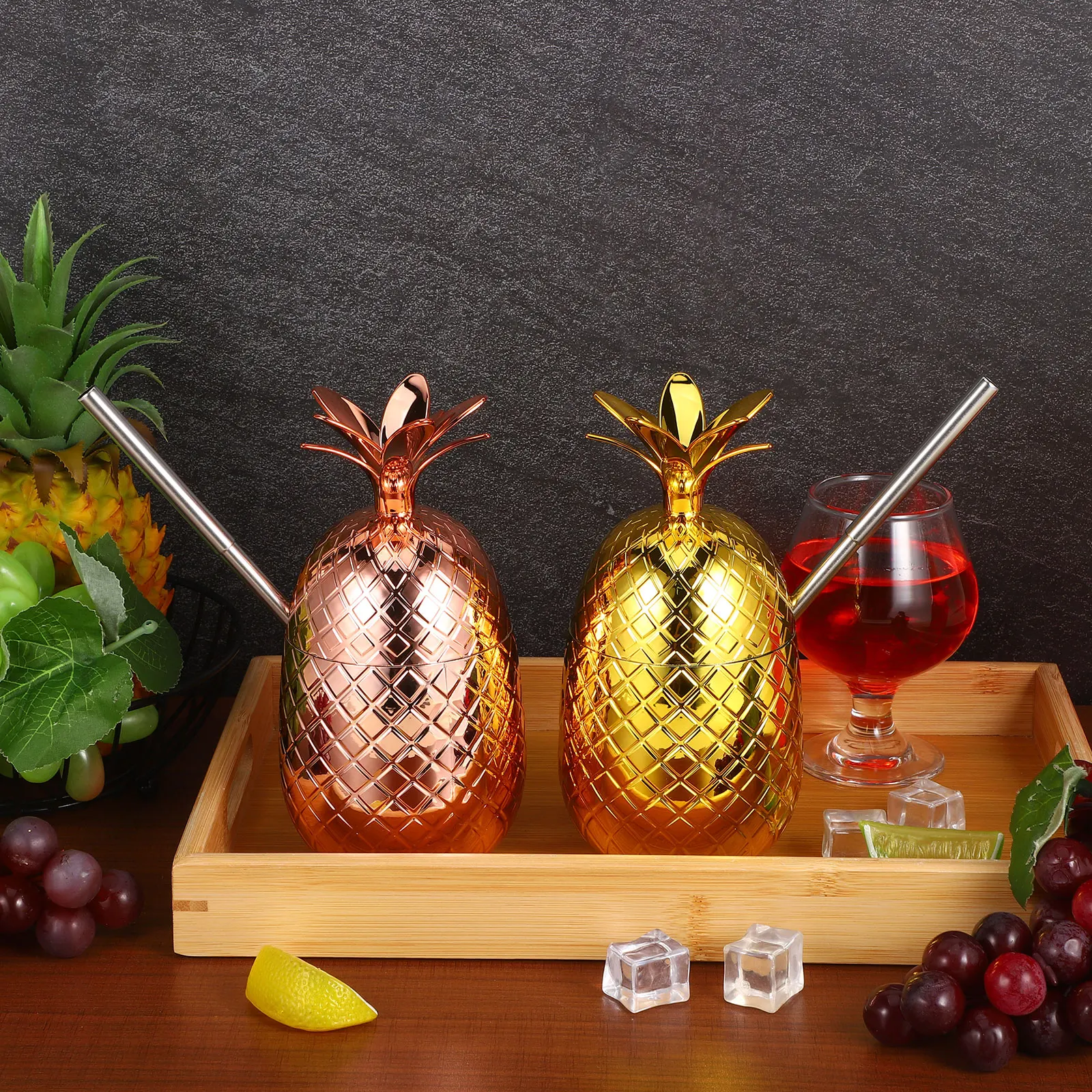 

2 set Pineapple Shaped Cocktail Glasses 450ml Stainless Steel Party Cups Fruit Drink Cups Bar Juicer Water Beverages