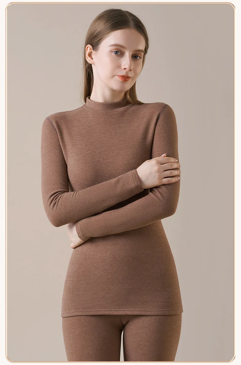 Damen-Thermo-Unterwäsche aus Kaschmirseide, Thermoshirts, warme Hosen, verdickte, einfarbige, halbrollkragenartige Oberteile, langärmlige Winterkleidung. – Detail 23
