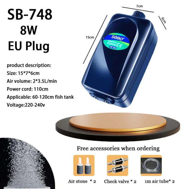 SOBO 748 High Power 8w Fish Tank Oxygen Air Pump Fish Aquarium Air Compressor Regulowany przepływ powietrza Pompa tlenowa dla ryb 220V-240V