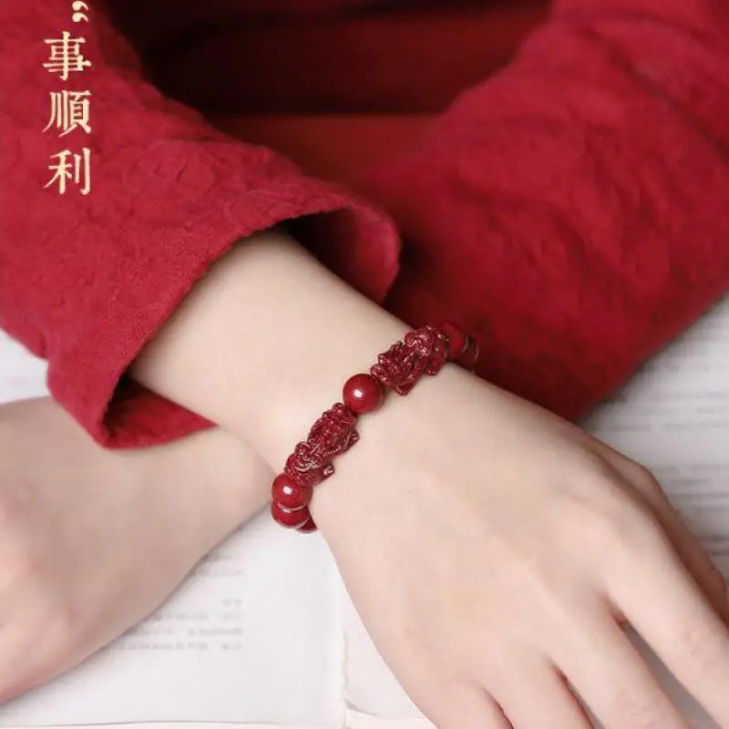 Natural Red Organic Cinnabar Jade Pixiu Bracelet Men Women Pulsera Feng Shui Cinnabar Crystal Double Pi Xiu Bracelets Bangles