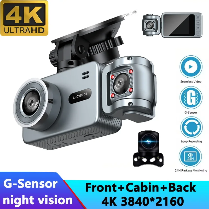 

2026 Ultra HD 4K 3 Channel Mini Dash Cam 2inch Screen Car Camera WIFI APP View DVR Video Recorder 4K+720P+720P Front Cabin Rear