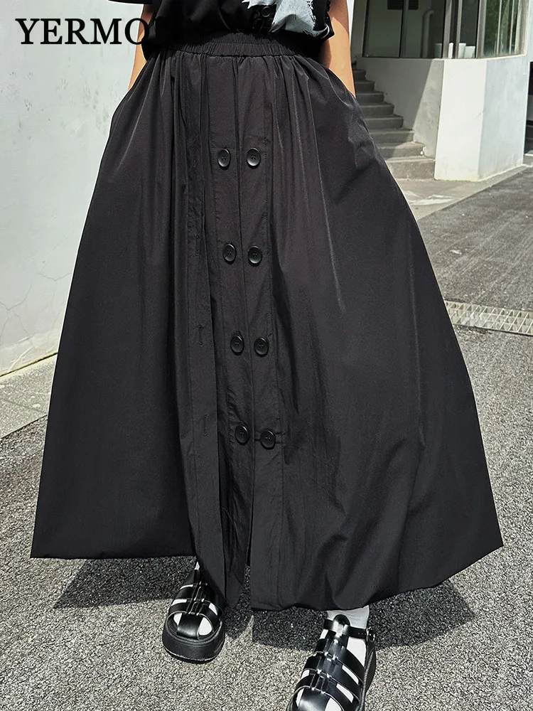 

YERMORA High Elastic Waist Black Button Pleated Casual Half Body Skirt For Women Loose Fashion Tide Srping Summer 2025 New