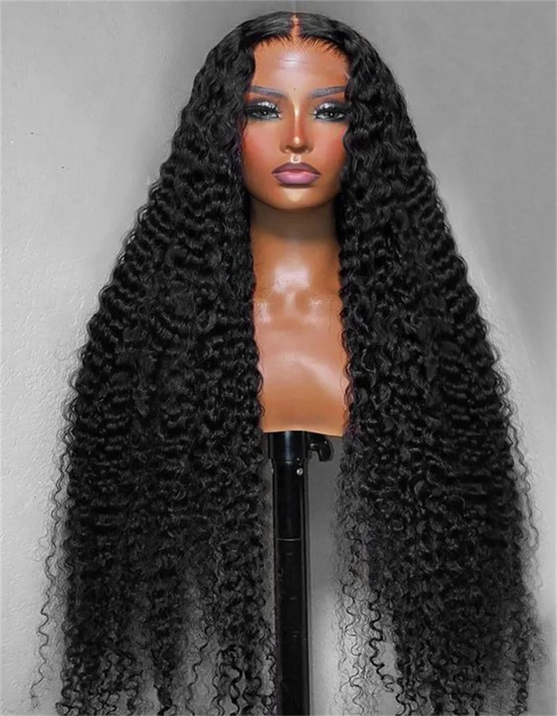 Middle part Soft Glueless Natural Black  180% 26“ Kinky Curly Lace Front Wig For Women With Baby Hair Synthetic Preplucked Daily