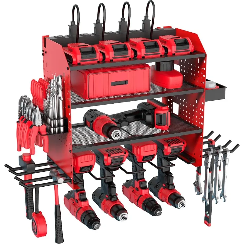 

Heavy Duty Power Tool Organizer Wall Mount with Charging Station, 4 Layer Garage Storage Adjustable Shelves Height, Holds