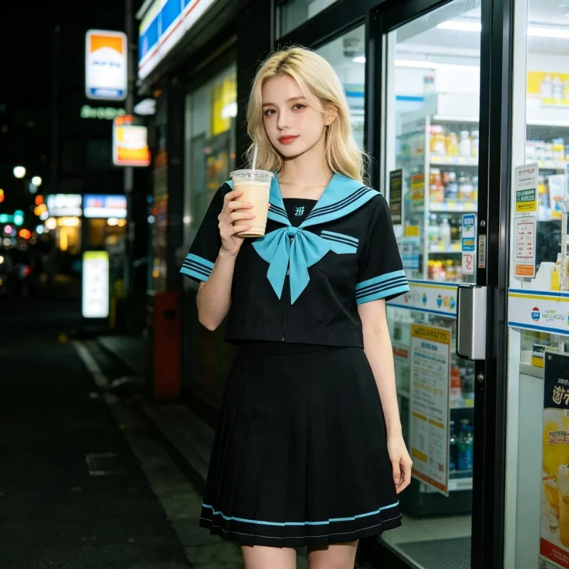 Japanese College Style Uniform Women's Summer Basic Black Sailor Suit Top Paired with Slimming Pleated Skirt Versatile Set