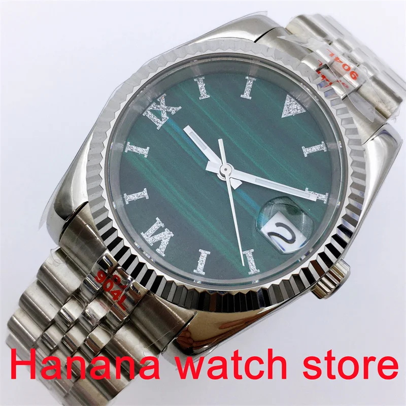 36mm/39mm NH35A Automatic Watch For Men Silver Fluted Bezel Sapphire Glass Silver Roman Numerals Malathic Green Dial Date