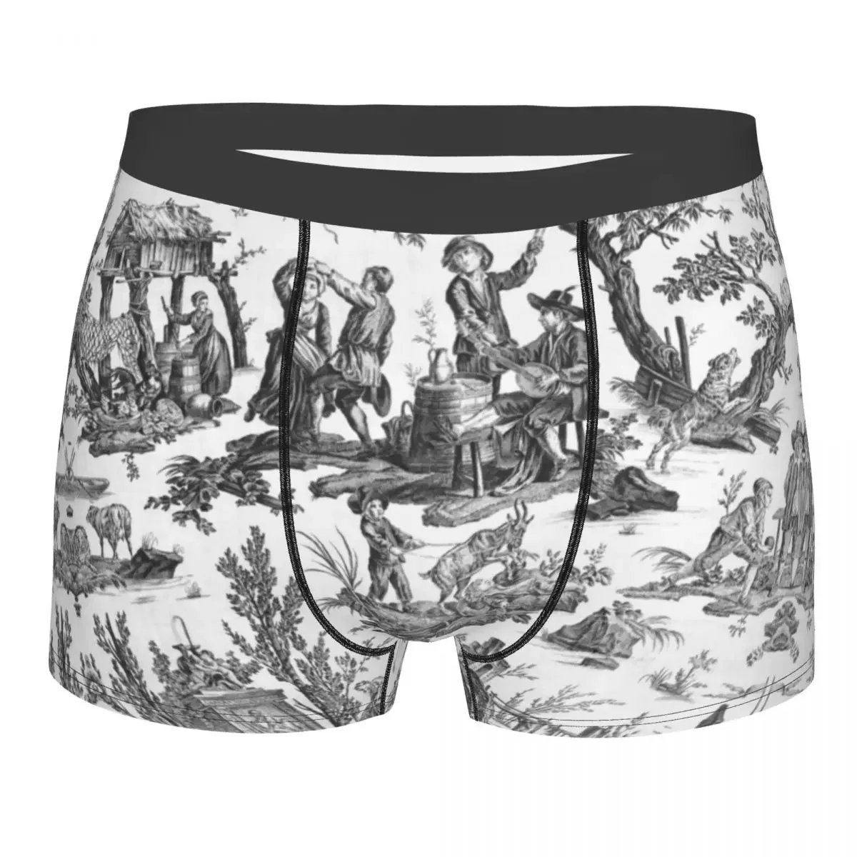 Black And White Toile De Jouy Underwear Men Stretch French Motifs Floral Boxer Briefs Shorts Panties Soft Underpants For Male