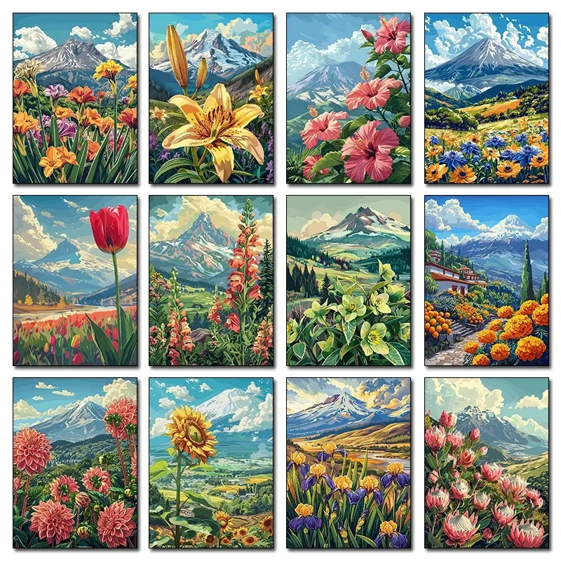 Blooming Flower Mountain Wild Poster Canvas Painting Wild Flowers Wall Decor Home Living Room Aesthetic Picture Wall Art Prin