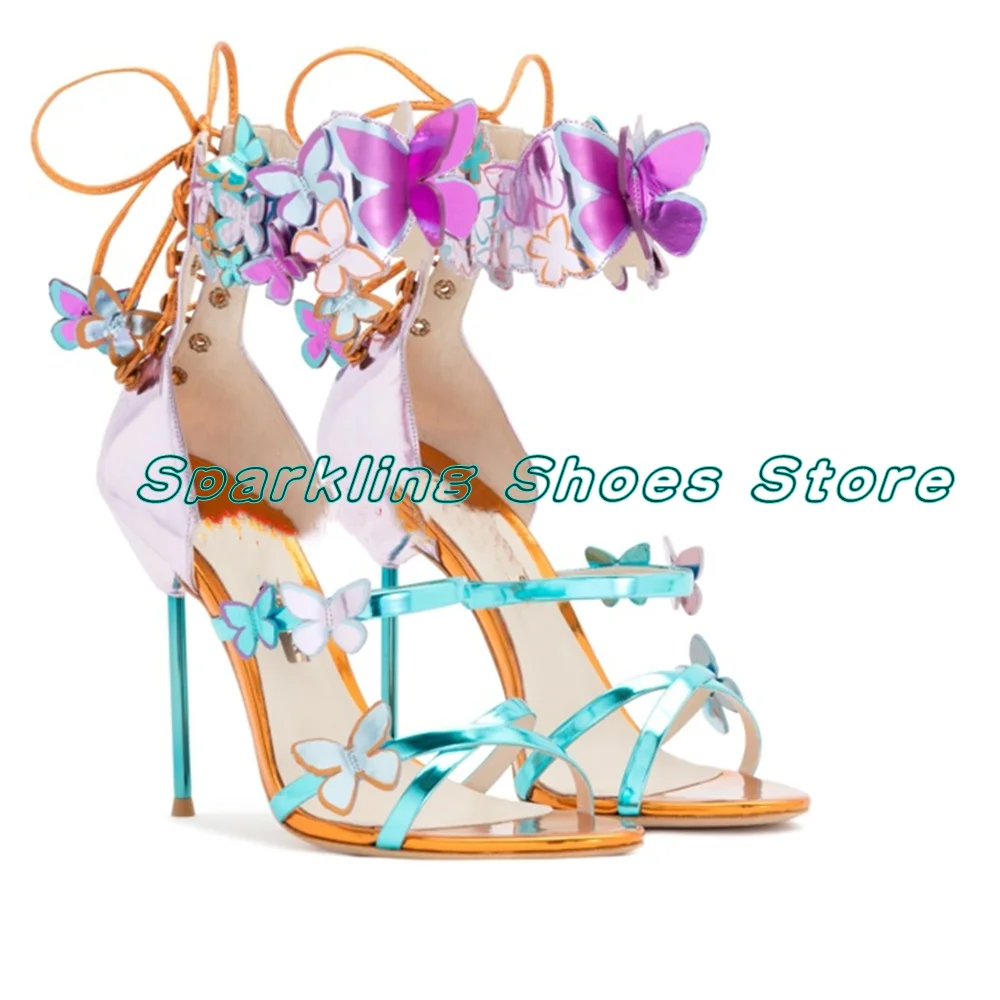 Colorful Butterfly Stiletto Sandals Open Toe Bow Decoration Narrow Band Summer Ladies Fashion Ankle Buckle Strap Cover Heel