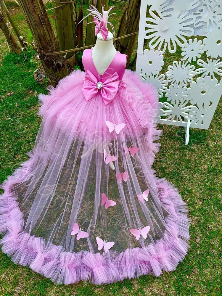 Vestido de cumpleaños para niñas, color rosa intenso, con tren desmontable, mariposa 3D, tul escalonado, vestido de princesa con flores para niñas, vestido de baile personalizado con cuentas