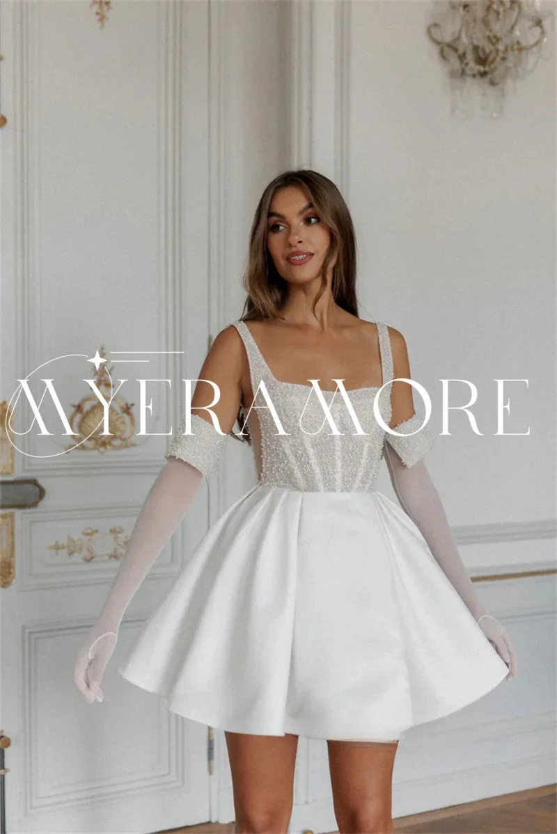 Simples cetim curto vestidos de casamento 2025 cintas de espaguete pérolas uma linha luvas longas vestidos de noiva personalizado vestidos de novia