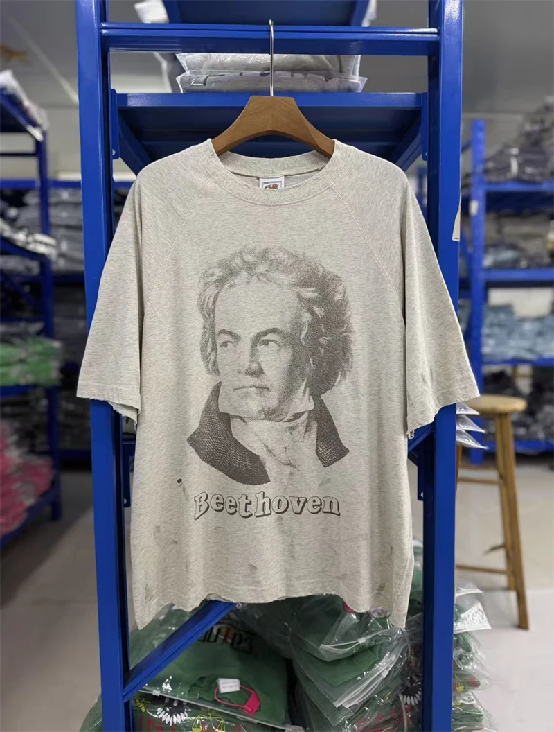 T-shirt d'été décontracté en coton à manches courtes, motif portrait dessiné à la main, imprimé, délavé, style vintage, coupe ample, polyvalent