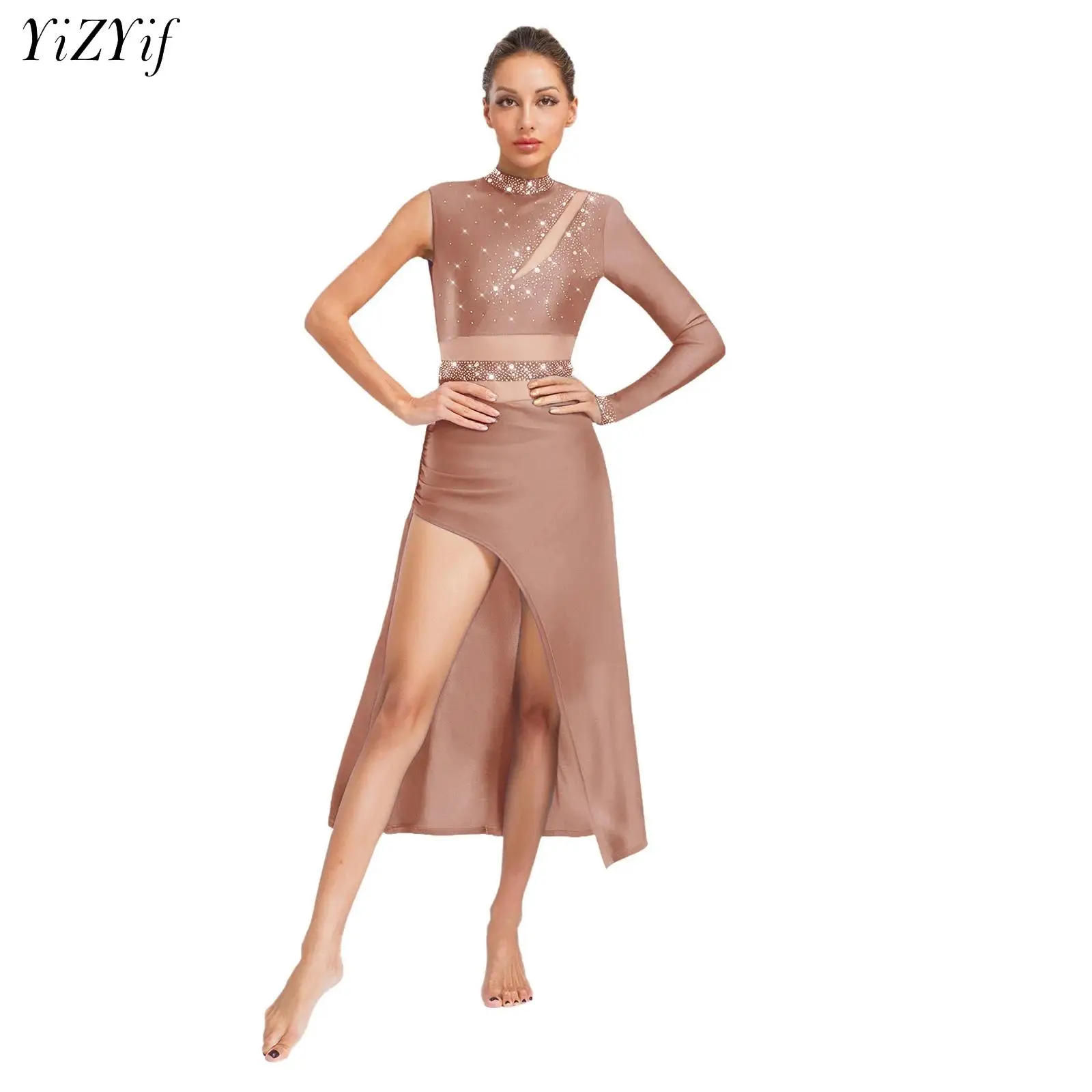 

Womens Modern Dance Costume Shiny Rhinestone Lyrical Dance Maxi Dress Single Sleeve Tulle Overlay Contemporary Leotard Dresses