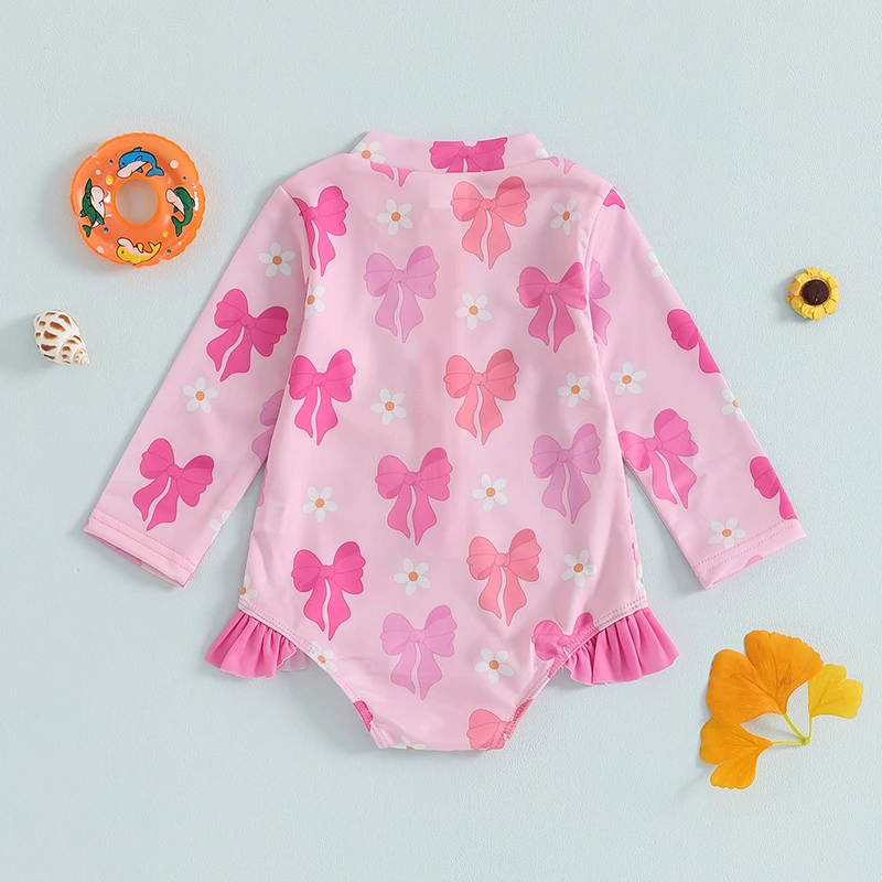 Summer Toddler Girl Ruffle Swimsuit Long Sleeve Zipper Rash Guard Bathing Suit Cute Bow Pattern OnePiece Swimwear Romper