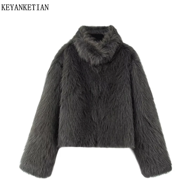 

KEYANKETIAN Winter New Women's Standing Collar Long Sleeved Faux Fur Effect Warm Short Coat Women Fur Coat