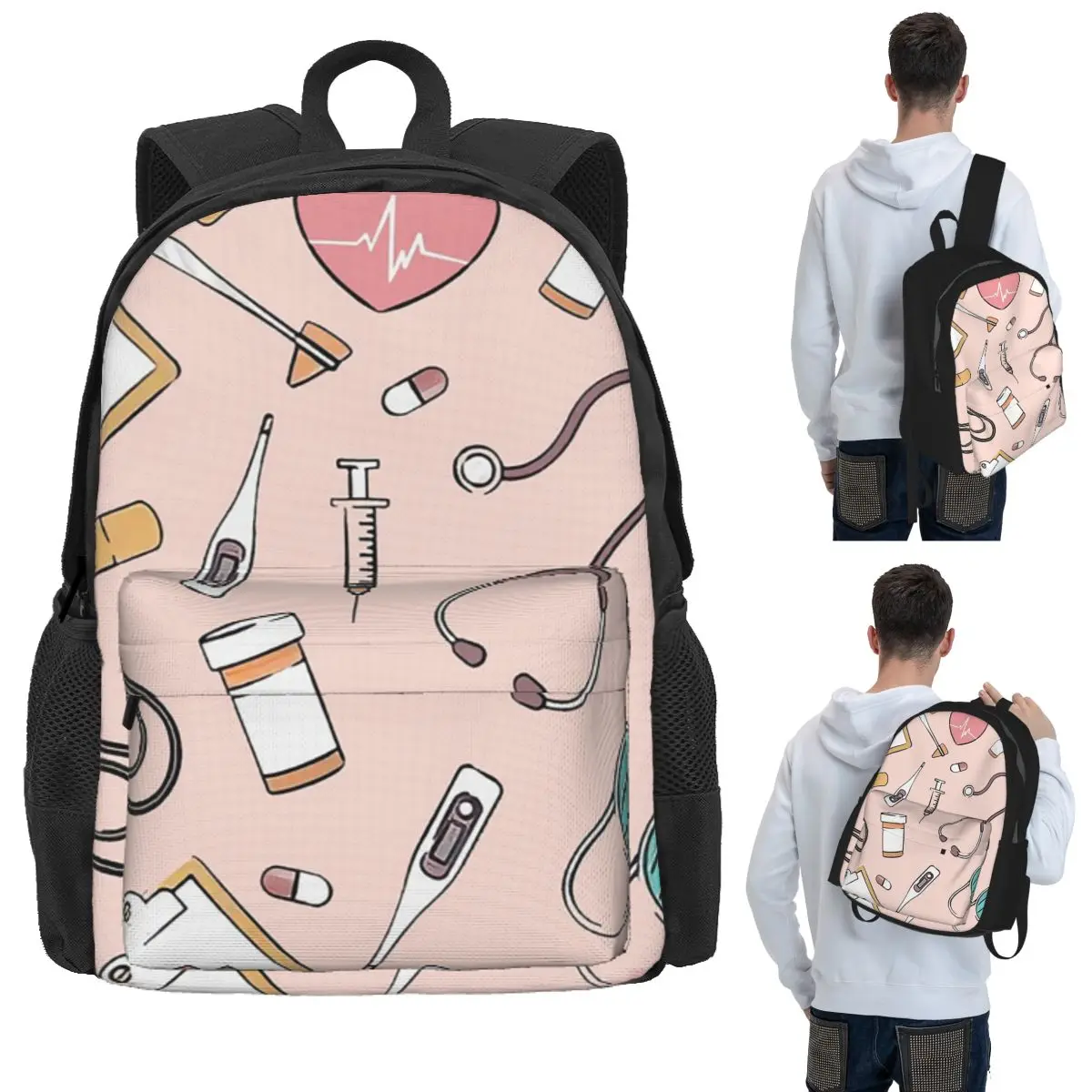 Nurse Fabric Pink Nursing Pattern Nurse Student Backpack School Bag Hiking Travel Daypack for Boys Girls Bookbag Shoulder Bags