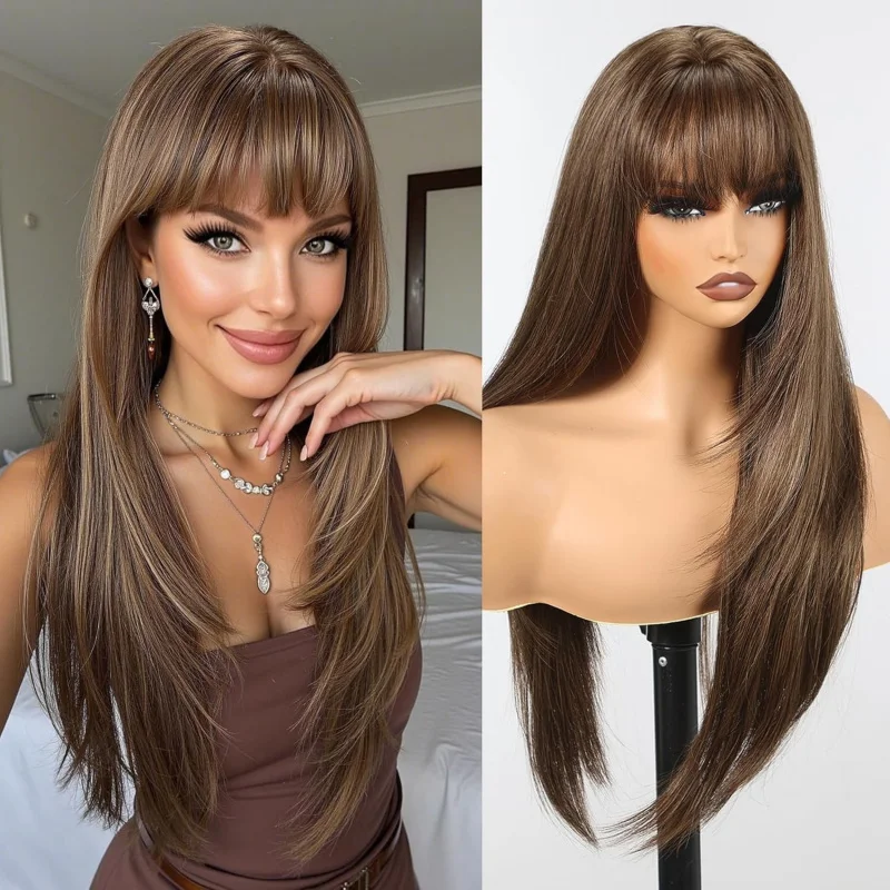 

Mixed Brown Long Straight Cosplay Wigs With Bangs Synthetic Hair Heat Resistant