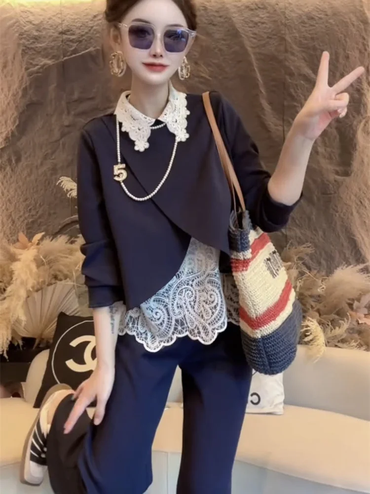 

Осень 2023, новый модный дизайн, комплект из топа и брюк в западном стиле и уменьшающего возраста, кружевной комплект из топа и брюк для женщин