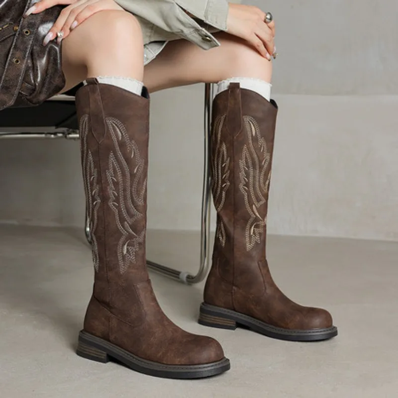 

Женские сапоги до колена с вышитым узором, женские высокие сапоги до колена с круглым носком на грубом каблуке, женские рыцарские сапоги с молнией сзади, женские рыцарские сапоги в стиле ретро