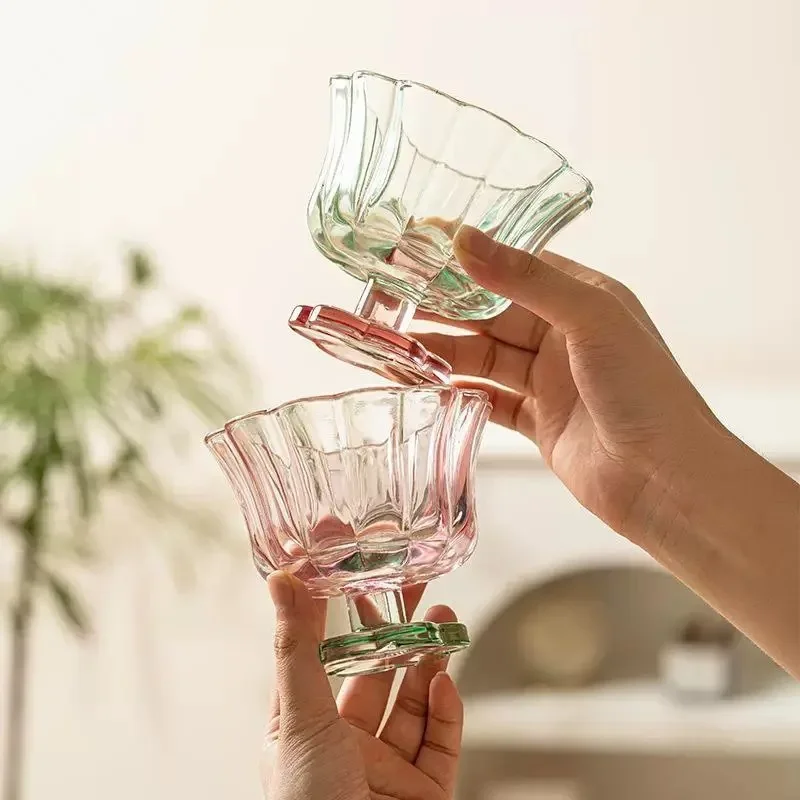 Flower Petal Glass Cup Chinese Style Transparent Goblet for Dessert Wine Feminine Blooming Glassware Romantic Gift Wine Glass