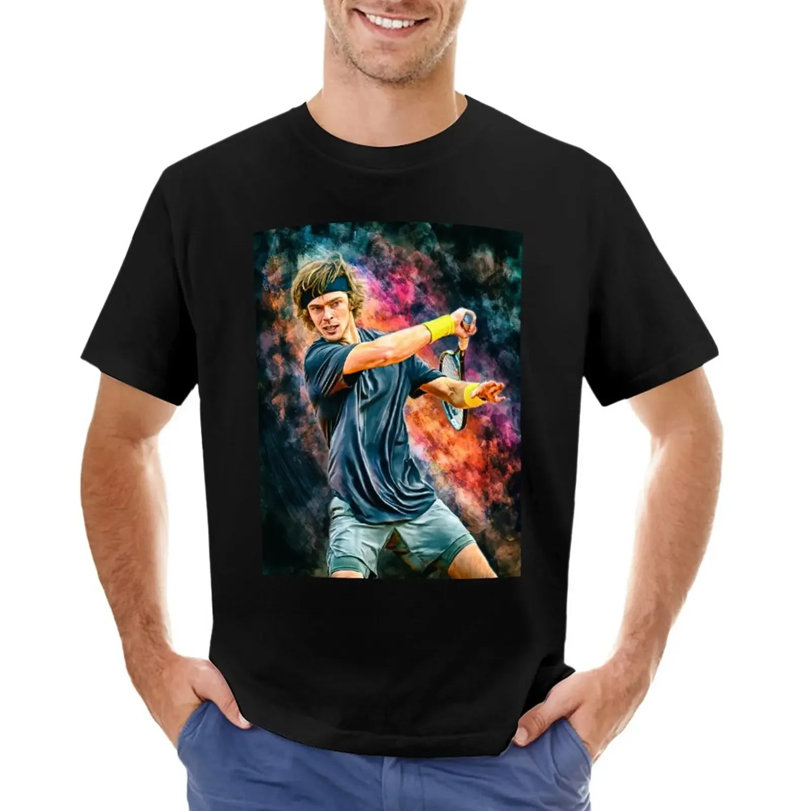 Andrey Rublev of Russia plays forehand. emotional Digital artwork poster. Tennis fan art gift T-Shirt Male fashion Hot Sale