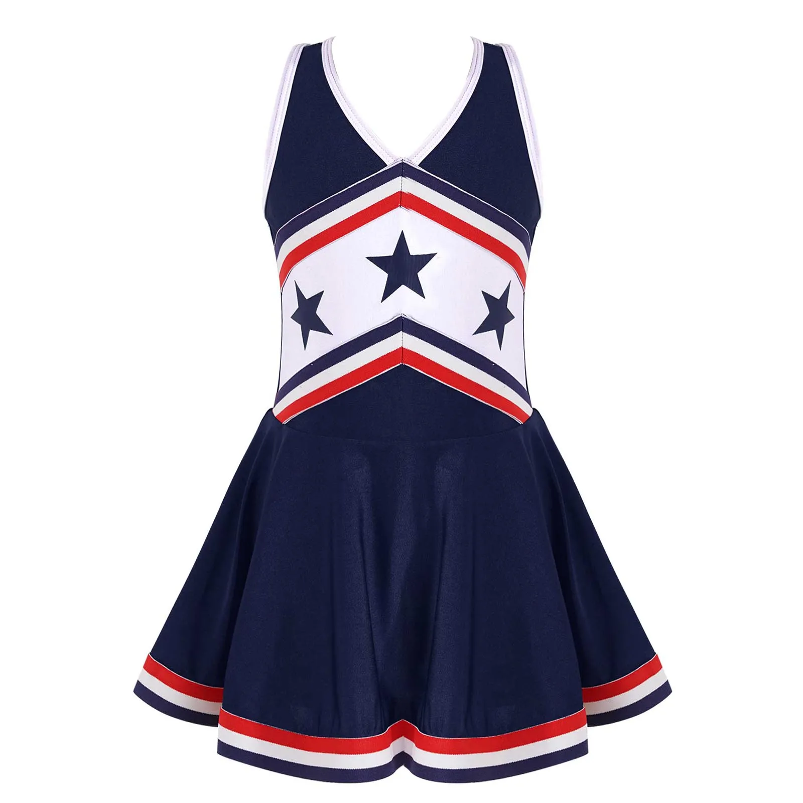 

Kids Girls Cheerleading Uniform Cheerleader Dancewear Sleeveless V Neckline Double Straps Crisscross Back Star Print Dance Dress