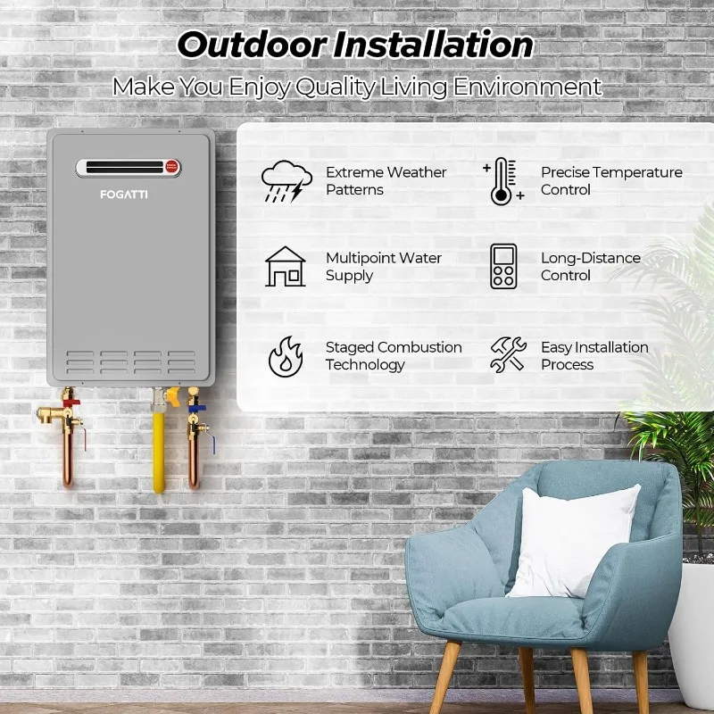 FOGATTI 천연 가스 탱크리스 온수기, 야외 설치 8.1 GPM, 회색 인스턴트 온수기, 인스타가스 컴포트 180S