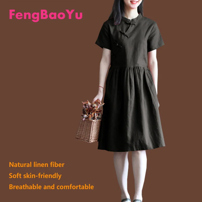 

Fengbaoyu Flax Summer Women's Short-sleeved Vertical Collar Dress Retro Literature Art Chinese Style Skirt Tea Ceremony Leisure