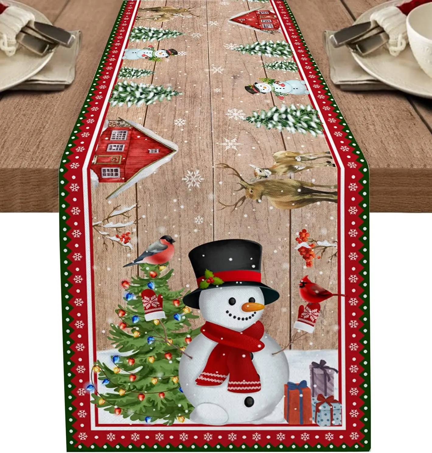 Christmas Snowman Wood Grain Table Runner Party Decor Reusable Xmas Tree Birds Snowflake Kitchen Table Runner Navidad Decoration