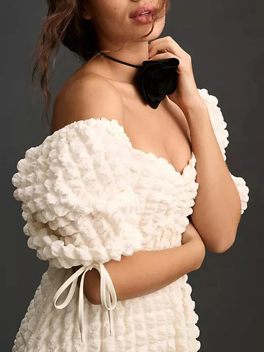 Women luxury Puff Sleeve Midi Dress Bubble Textured Smocked Sweetheart Neck Ruffled Flowy Dress vestidos