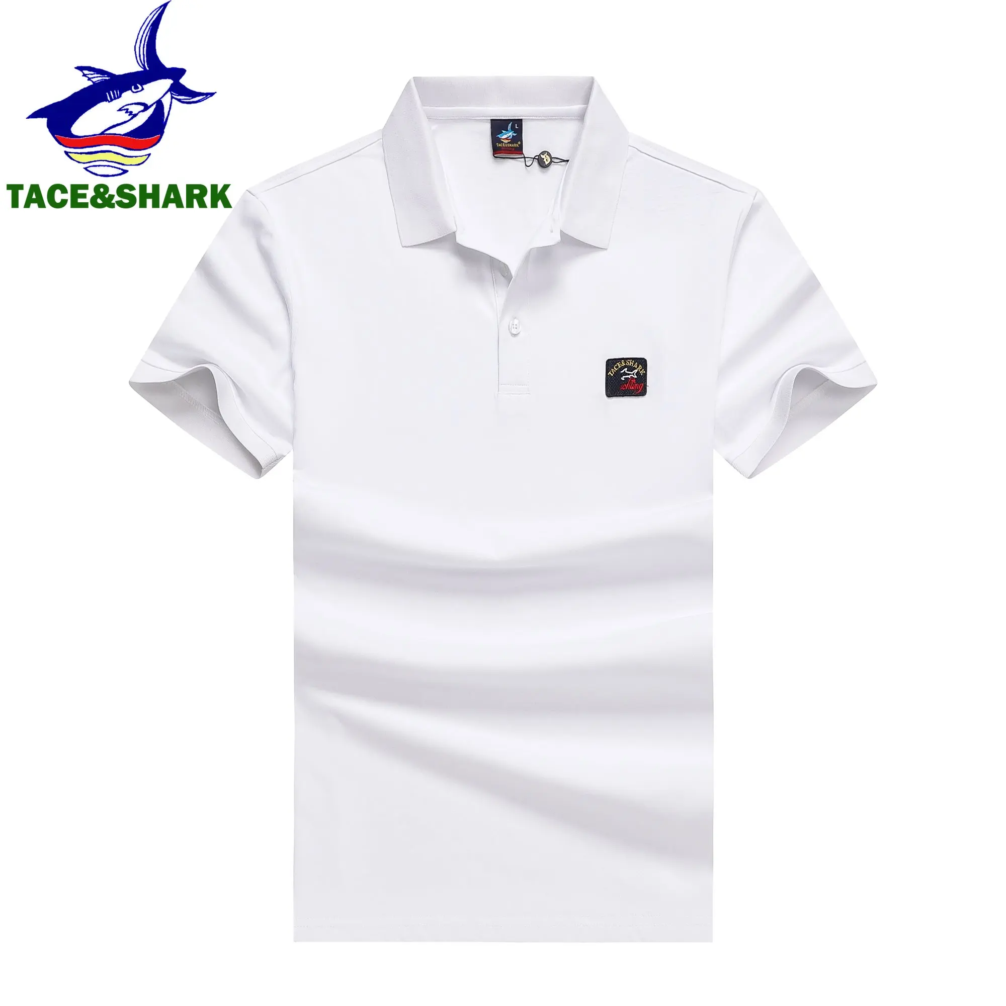 

TACE&SHARK Casual Shark Embroidery Short Sleeve Polo Shirts Fashion Brands Solid Color Camisa Polo Homme White Men Clothing