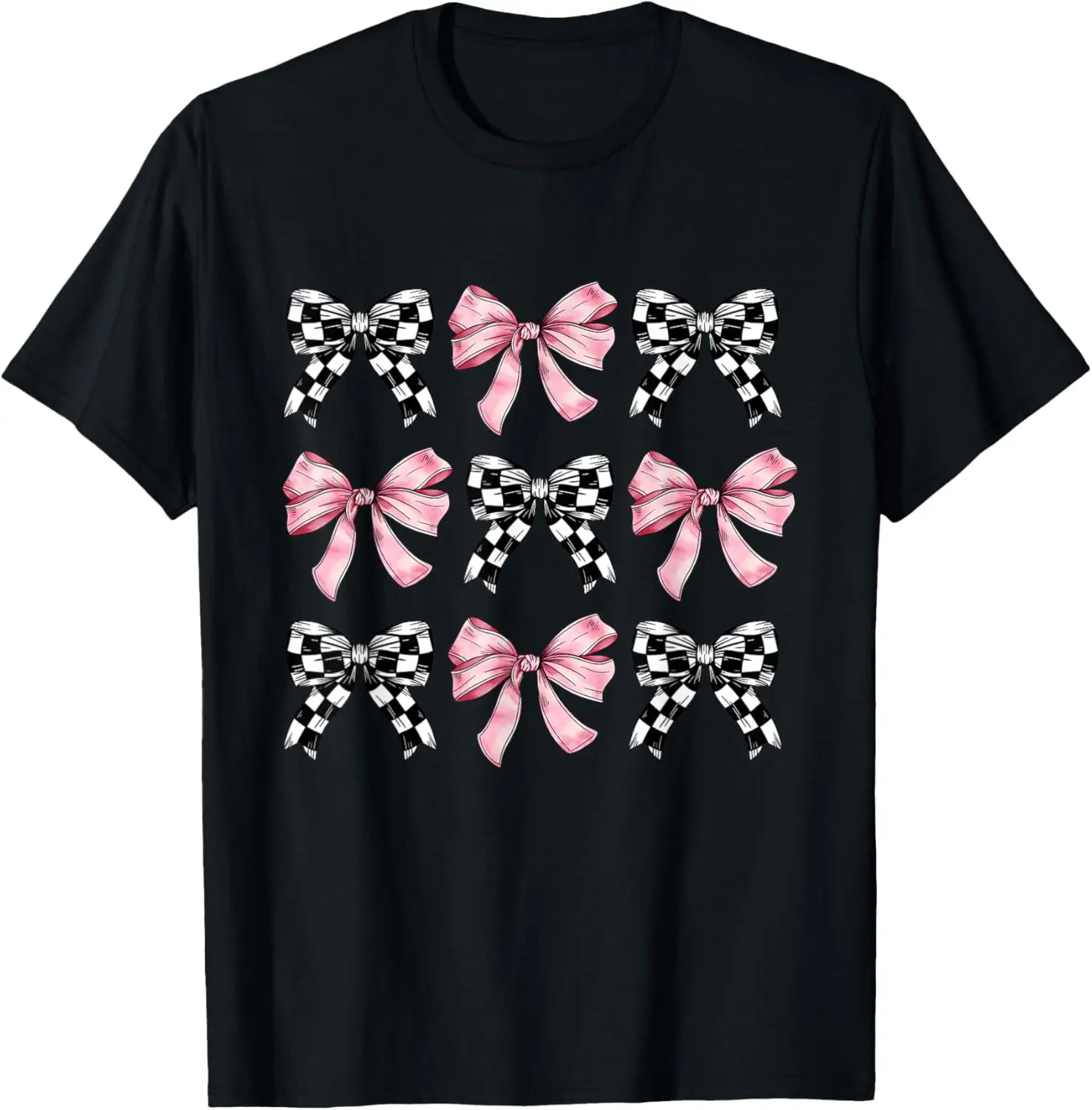 Pink Bows Cute Coquette Checkered Bow Y2k Girl Aesthetic T-Shirt 100% Cotton Trendy Y2K Short-Sleeve Tee-Soft, Quick-Drying,