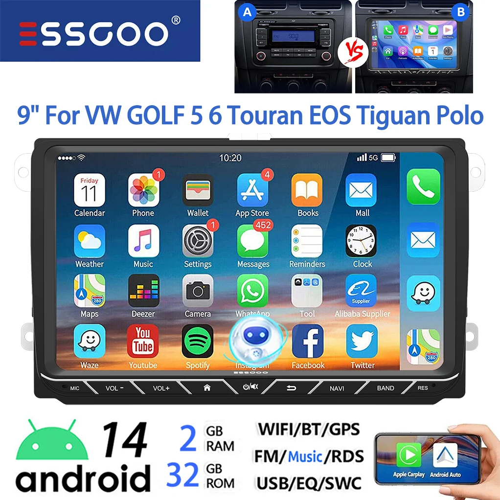 ESSGOO Android 14 Autoradio 9" 4+64GB CarPlay voor VW Golf 5 6 Passat B6 B7 Polo 6R Touran Tiguan Caddy EOS Jetta T5 Seat Skoda GPS Navigatie WIFI FM Bluetooth RDS Touchscreen Mirror Link