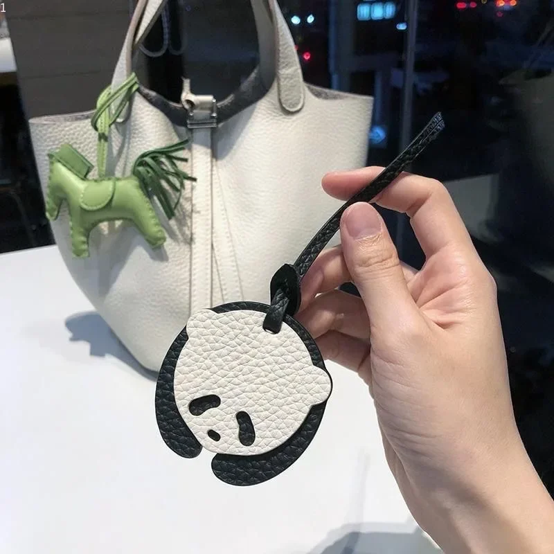 

Giant Panda Bag Hanging Accessories Keychain Cartoon Panda Litchi Pattern Cowhide Leather Bag Hanging Car Hanging Decoration