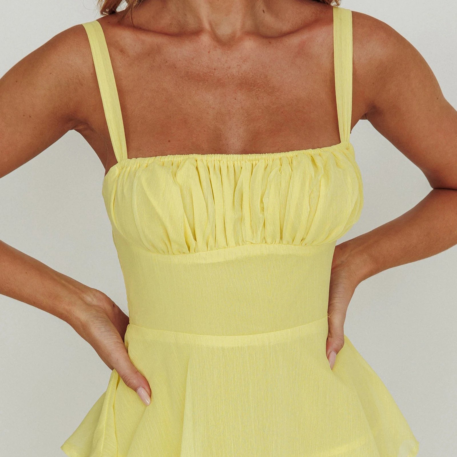 Vestido largo de verano para mujer, color sólido, sin mangas, con tirantes finos, busto ahumado, vestido de pastel delgado
