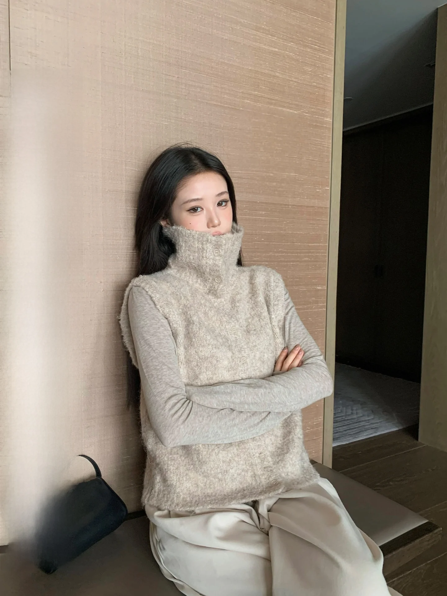 

Buleng Women's Knitted Wool Vest Svel High Collar ort Length Open Cardigan Sle Autumn Winter Faion Ladies Top