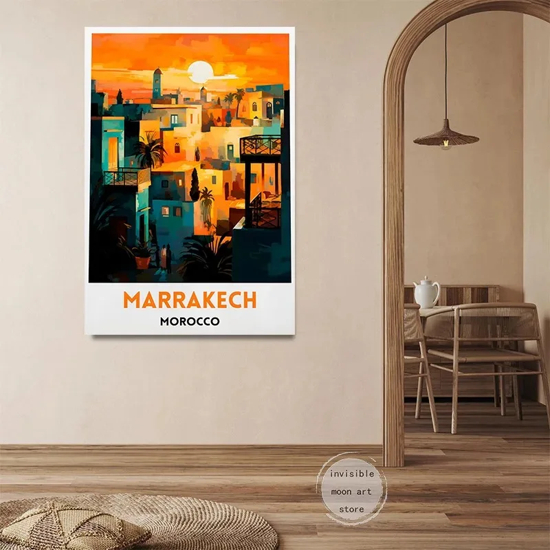 السفر الفن المغربي الدار البيضاء Marrakesh Fes بناء ملصق فني حائط لوح رسم يطبع صورة لغرفة ديكور المنزل