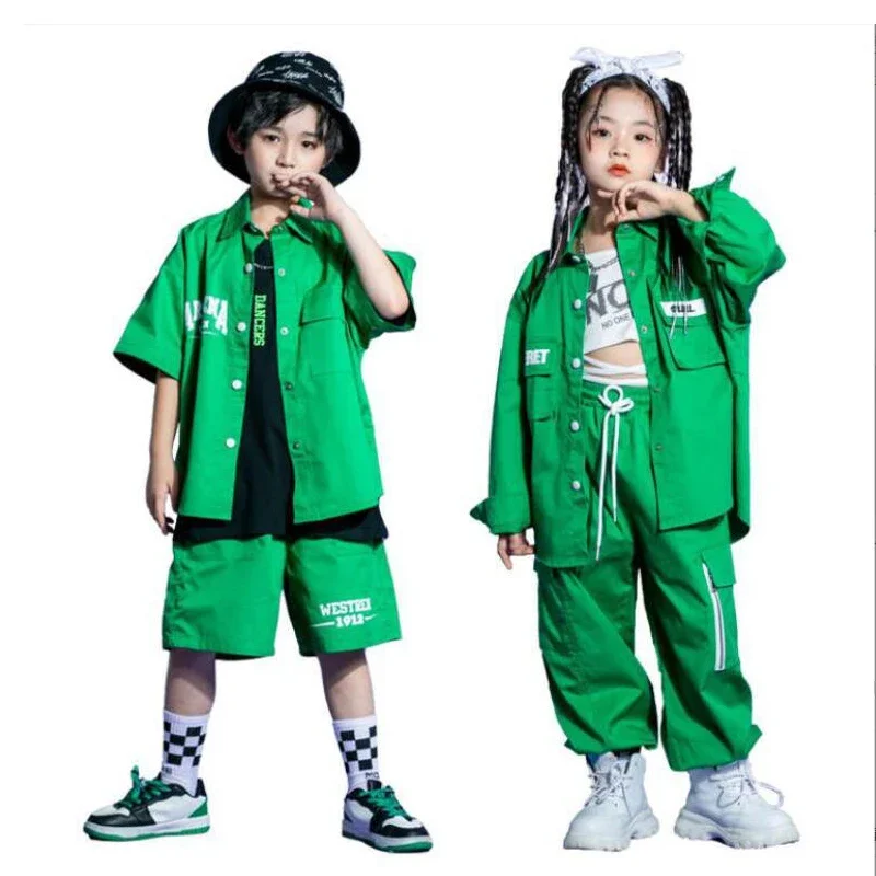 Camisa Cardigan Verde Infantil e Shorts Cargo, Top e Calças, Traje Jazz Dance, Roupas Rave, Roupas Kpop, Hip Hop e Concert, Meninos e Meninas